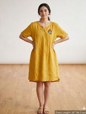 100% Linen Frida Kahlo Face Embroidered Dress